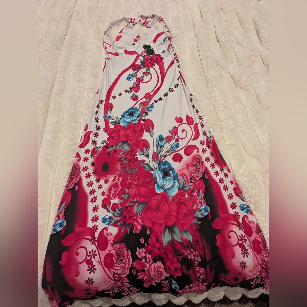 NWT iB Diffusion Women's Large White Pink Black Floral Maxi Dress MSRP $59 New